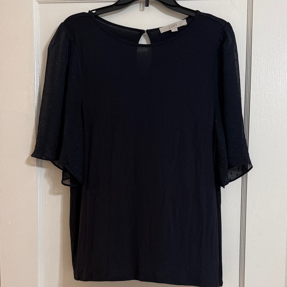 LOFT Navy Sheer Flutter Sleeve Blouse